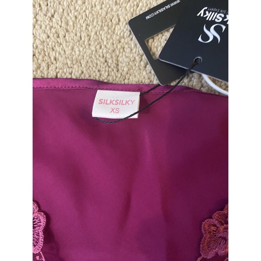 SILKSILKY  NWT 100% Silk Lace Neck Split Hem Nightgown Dress Color Wine Size XS - Picture 6 of 11
